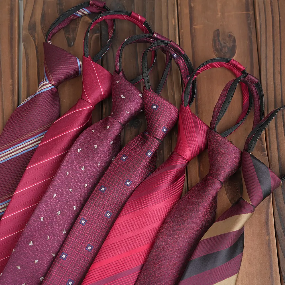 Low Price Men's Red Jacquard Polyester Tie with Zipper Striped Design for Wedding Parties PT1029-FD20