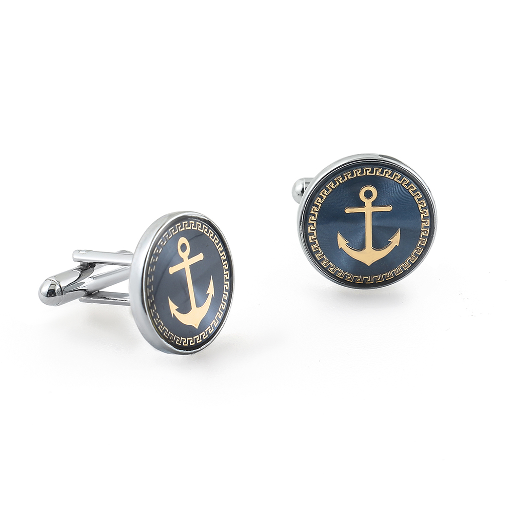 French Silver Blue Round Enamel Boat Anchor Men...
