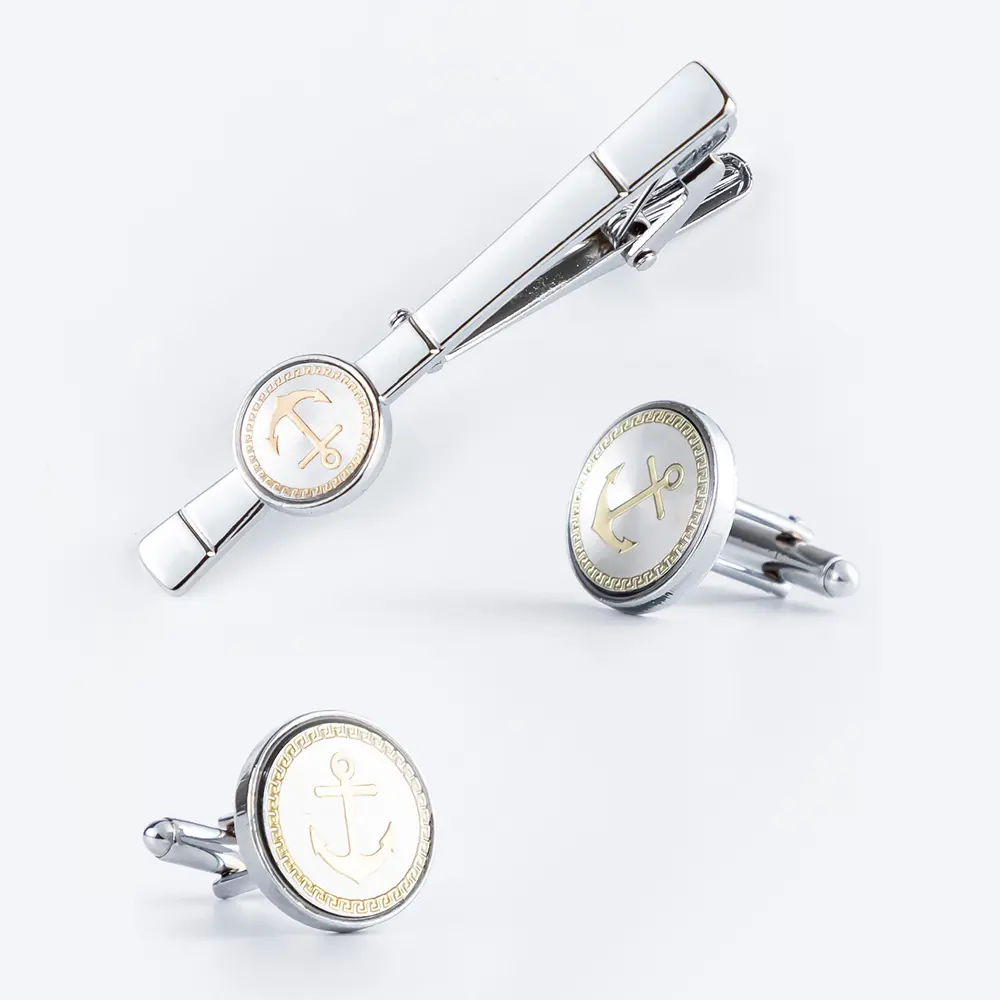 China Factory Supply White Anchor Tie Clip Silver Plated Cufflinks Set For Men Gifts SA5042