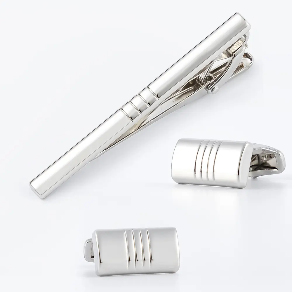 New Silver Striped Men's Business Cufflinks & T...